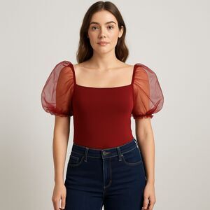 ASTR the Label Wine Puff Sleeve Bodysuit | Size M